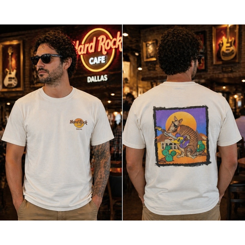 Hard Rock Cafe Dallas Tee Men's L White Armadillo Guitar Graphic 2-Sided Vintage